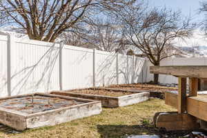 Fenced backyard featuring a vegetable garden