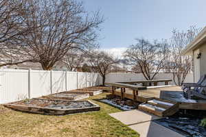 Fenced backyard featuring a vegetable garden and a wooden deck