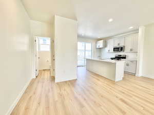 Kitchen featuring a kitchen island with sink, light wood-style flooring, stainless steel appliances, healthy amount of natural light, and recessed lighting