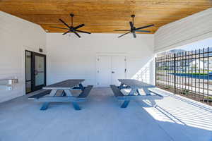 View of patio with a ceiling fan and outdoor dining space