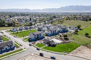Aerial perspective of suburban area featuring mountains