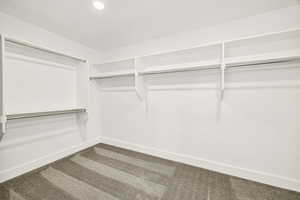 Walk in closet with dark colored carpet
