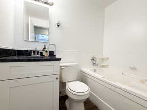 Full bathroom featuring vanity, a bath, and dark wood-style flooring