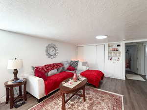 Living area featuring a textured ceiling, wood finished floors, and built in features