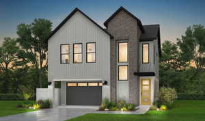 View of front of house featuring board and batten siding, an attached garage, concrete driveway, and a lawn
