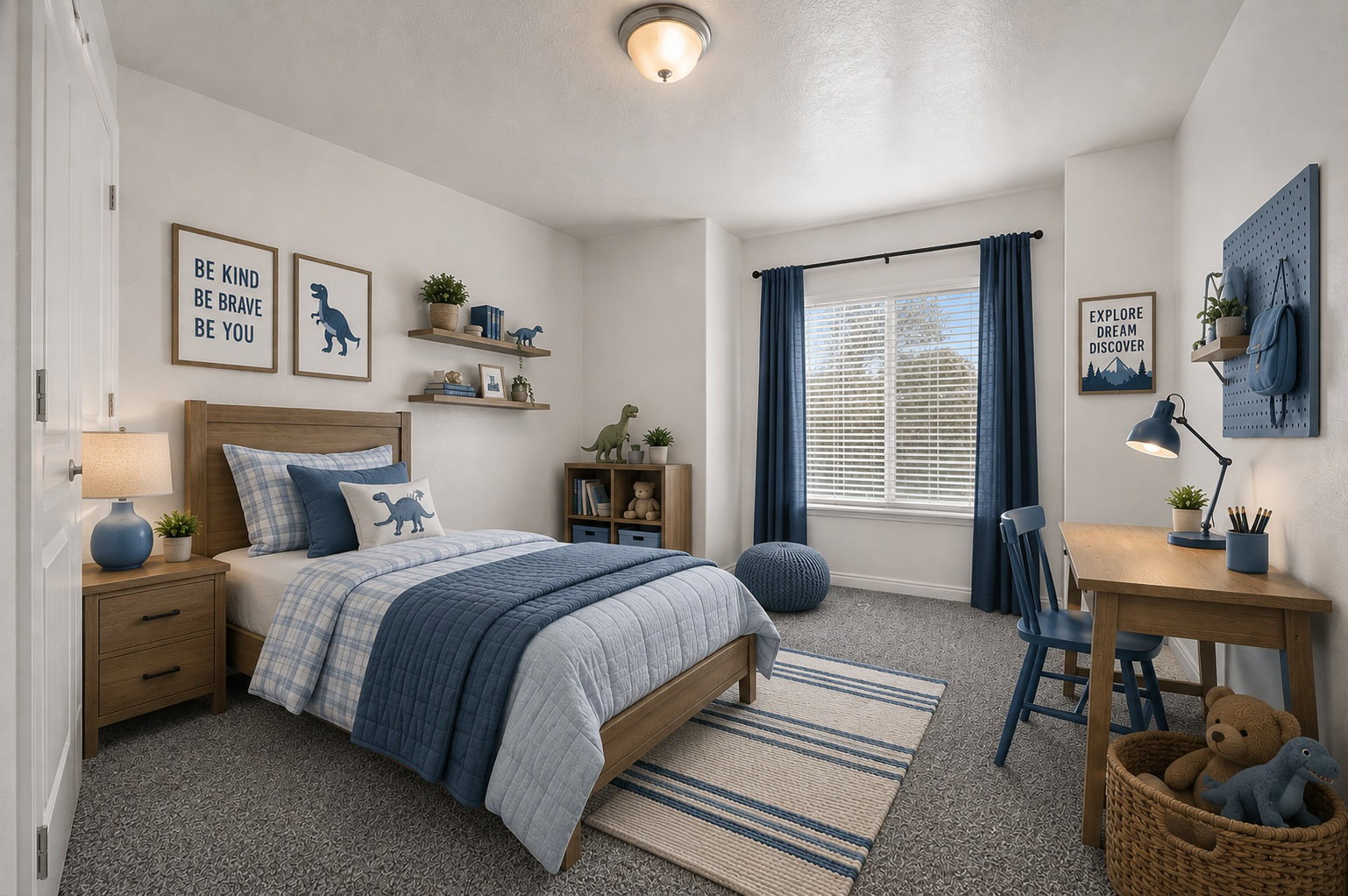 Carpeted bedroom featuring a window with blinds, a ceiling-mounted light fixture, and a built-in closet door