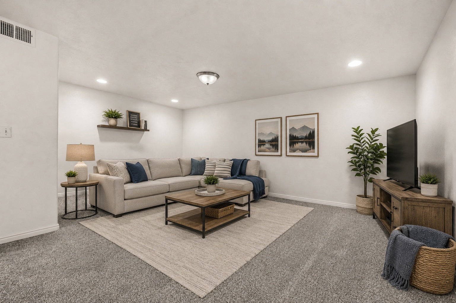 Basement Virtual Staging of family room.