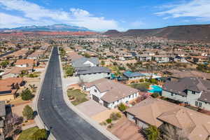 Aerial view of residential area with mountains