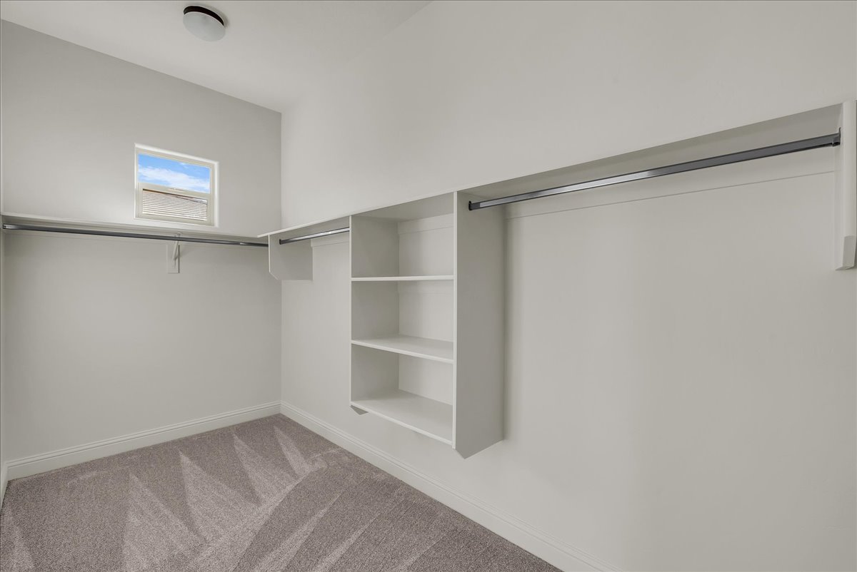 Walk in closet featuring light carpet
