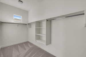 Walk in closet featuring light carpet