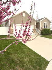 Ranch-style house featuring board and batten siding and concrete driveway
