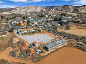 Aerial perspective of suburban area with mountains