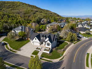Aerial view of residential area with a mountain backdrop