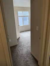 Hall featuring light colored carpet and a textured ceiling