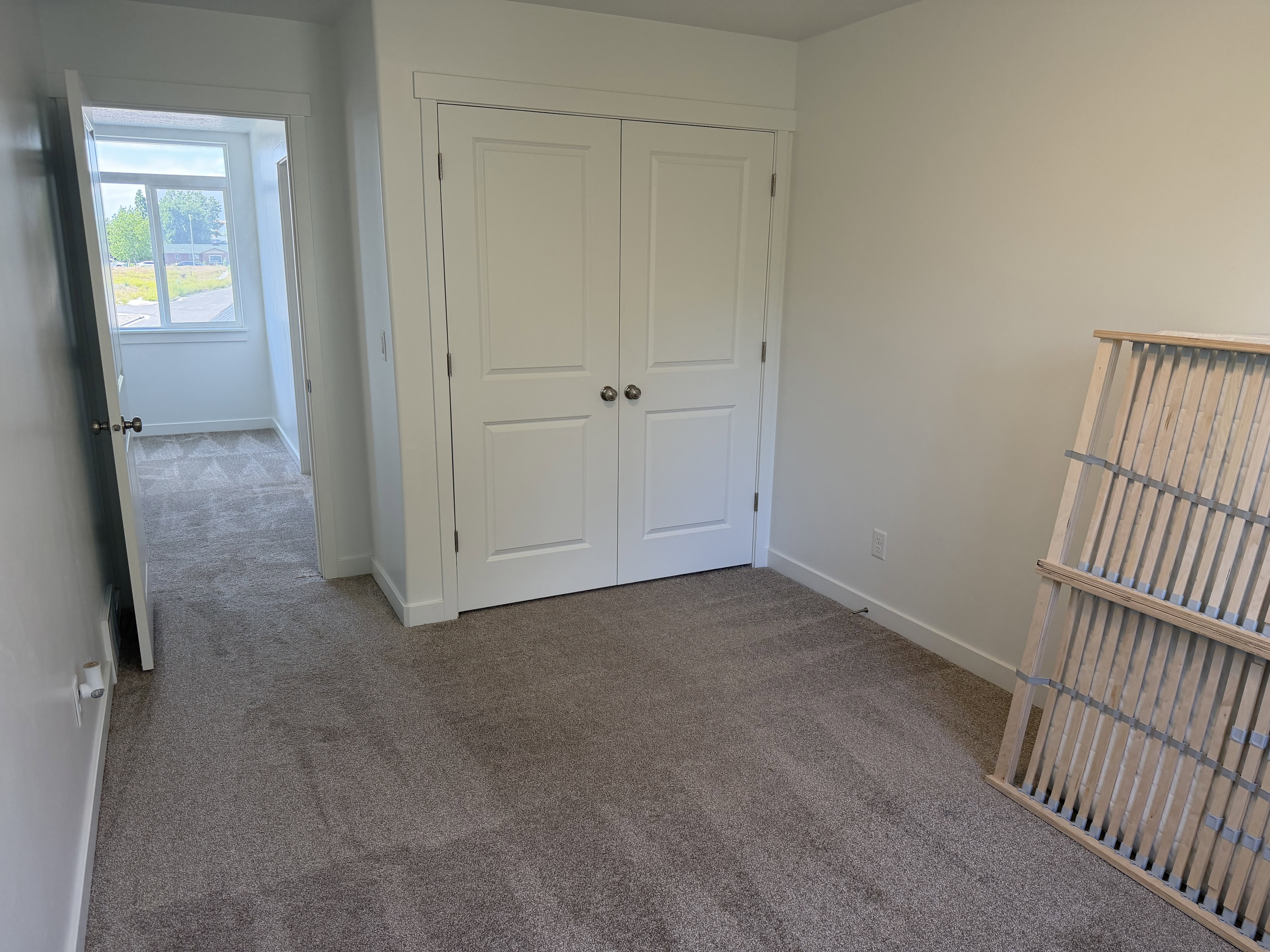 Neutral tone wall paint, plush carpeting, white baseboards, and white trim
