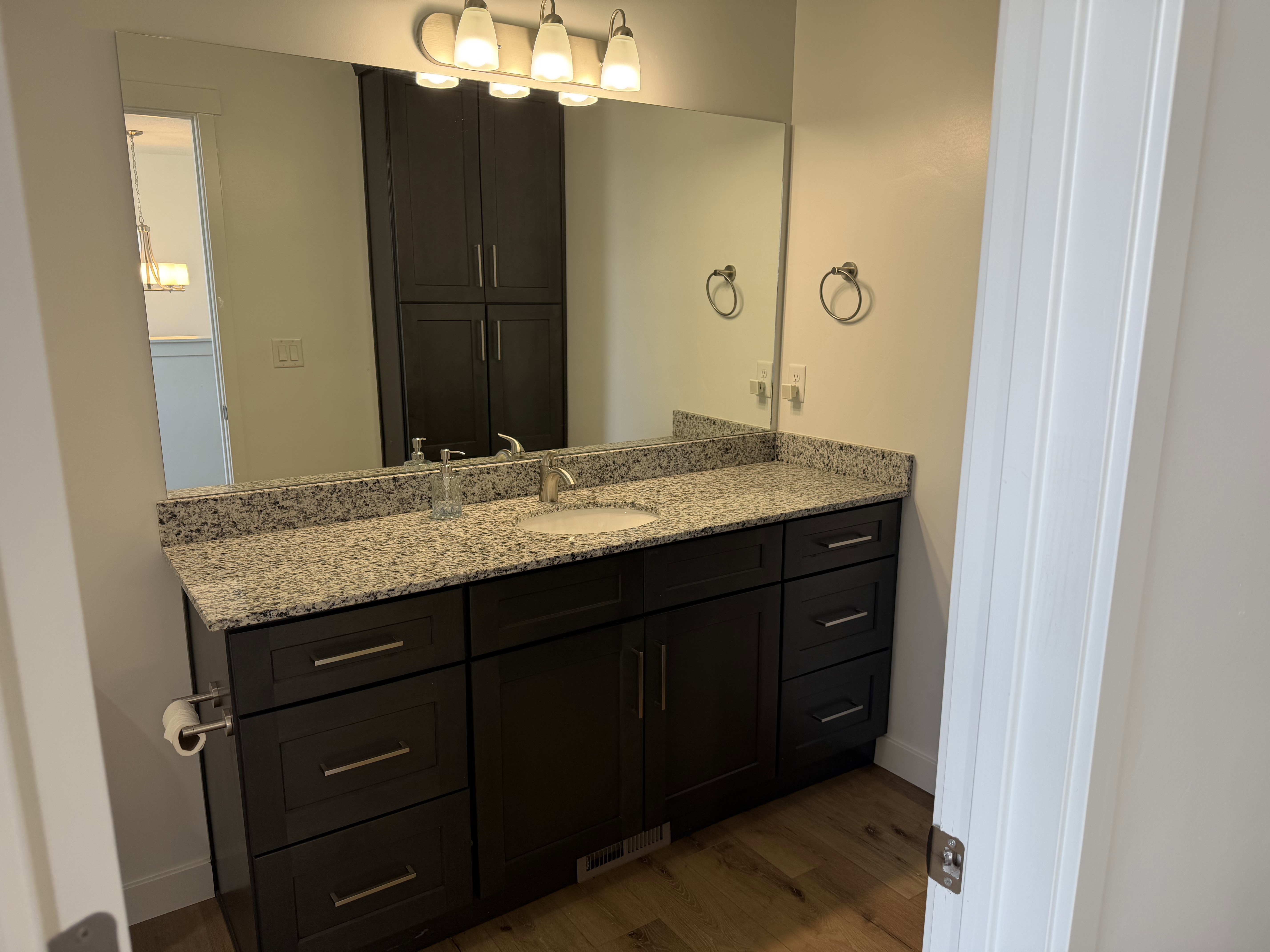 Spacious vanity featuring a granite countertop, undermount sink, dark wood cabinetry with brushed nickel pulls, and wood-finish flooring