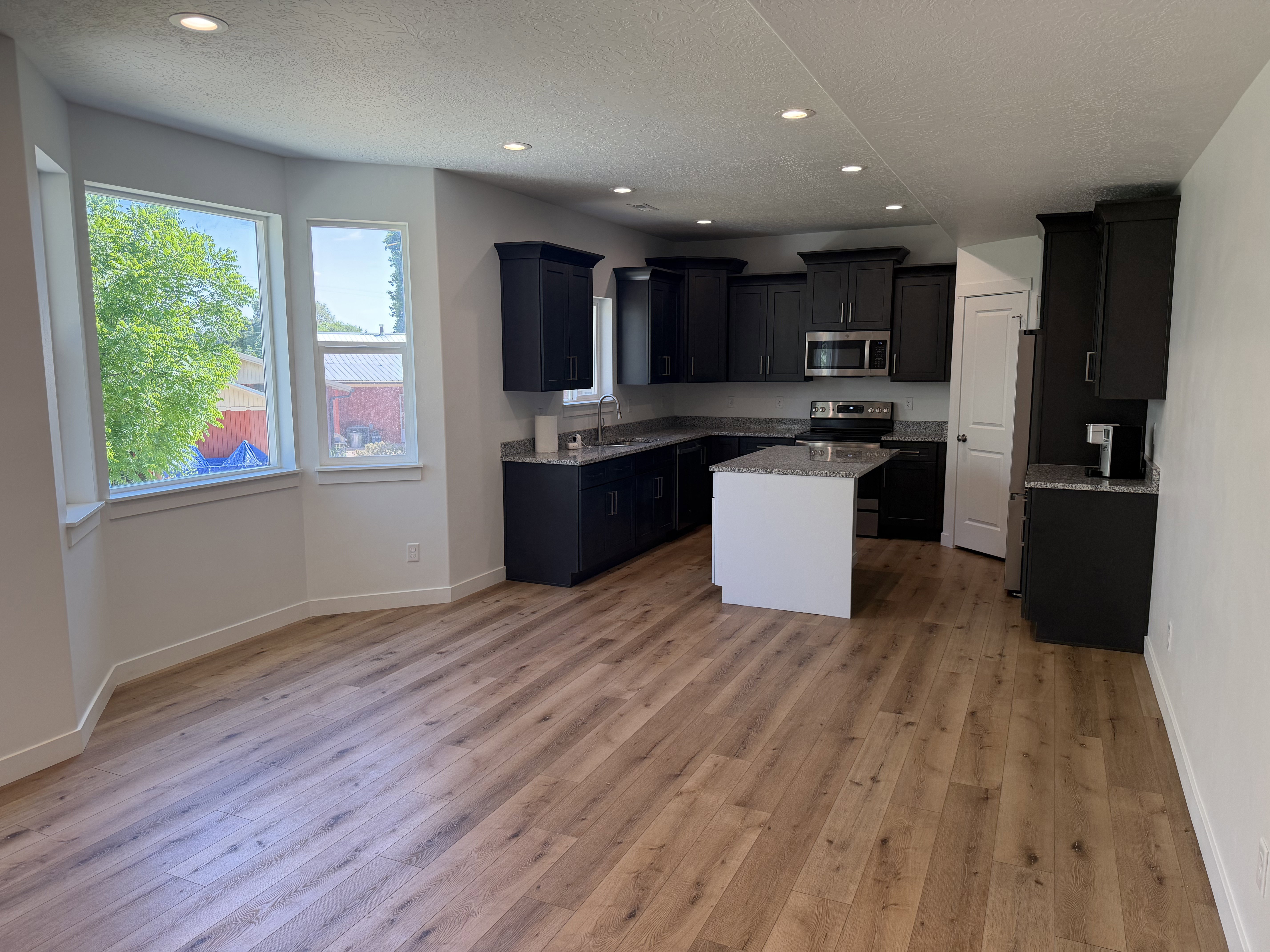 Open-concept living space featuring wood-finish flooring, recessed lighting, and a kitchen with dark cabinetry