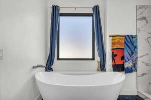 Full bath with a freestanding bath and plenty of natural light