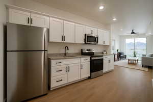 Kitchen featuring stainless steel appliances, a mountain view, white cabinetry, ceiling fan, and light stone countertops