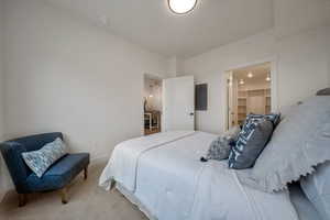 Bedroom with carpet, electric panel, and a spacious closet