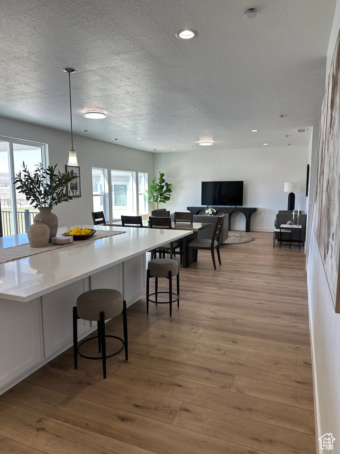 Dining space with light wood-style floors and a textured ceiling