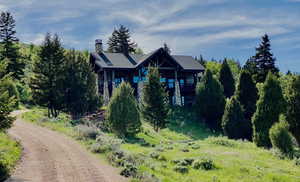 View of property hidden behind natural elements with a chimney