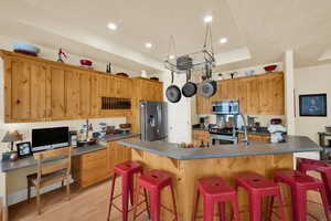 Kitchen featuring a breakfast bar area, stainless steel appliances, dark countertops, light wood-style floors, and a tray ceiling