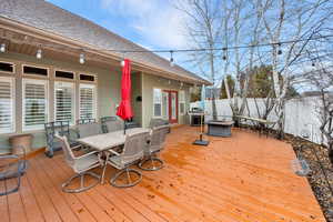 Deck featuring outdoor dining area and grilling area