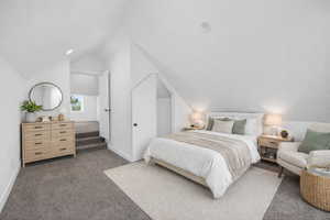 Bedroom with dark colored carpet and vaulted ceiling