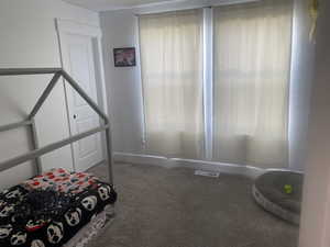 Bedroom featuring dark colored carpet