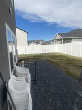Fenced backyard featuring a residential view