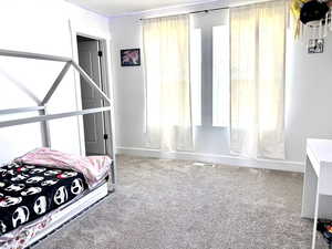 Bedroom with carpet floors and baseboards