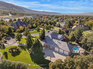 Aerial view of residential area with mountains