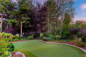 View of property's community with an area to practice putting and view of wooded area