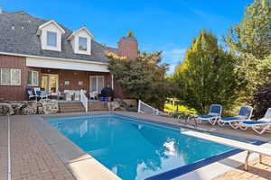 Outdoor pool with a patio area, a diving board, and grilling area