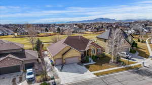 Aerial perspective of suburban area with mountains