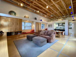 Living room featuring rail lighting, a high ceiling, and ceiling fan