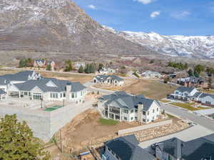 Aerial view of residential area with a mountainous background