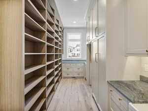 Walk in closet with light wood-style floors