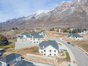 Aerial perspective of suburban area with mountains