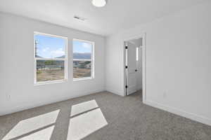 Unfurnished bedroom featuring light colored carpet and a mountain view