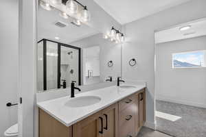 Full bathroom with a shower stall, double vanity, and light colored carpet
