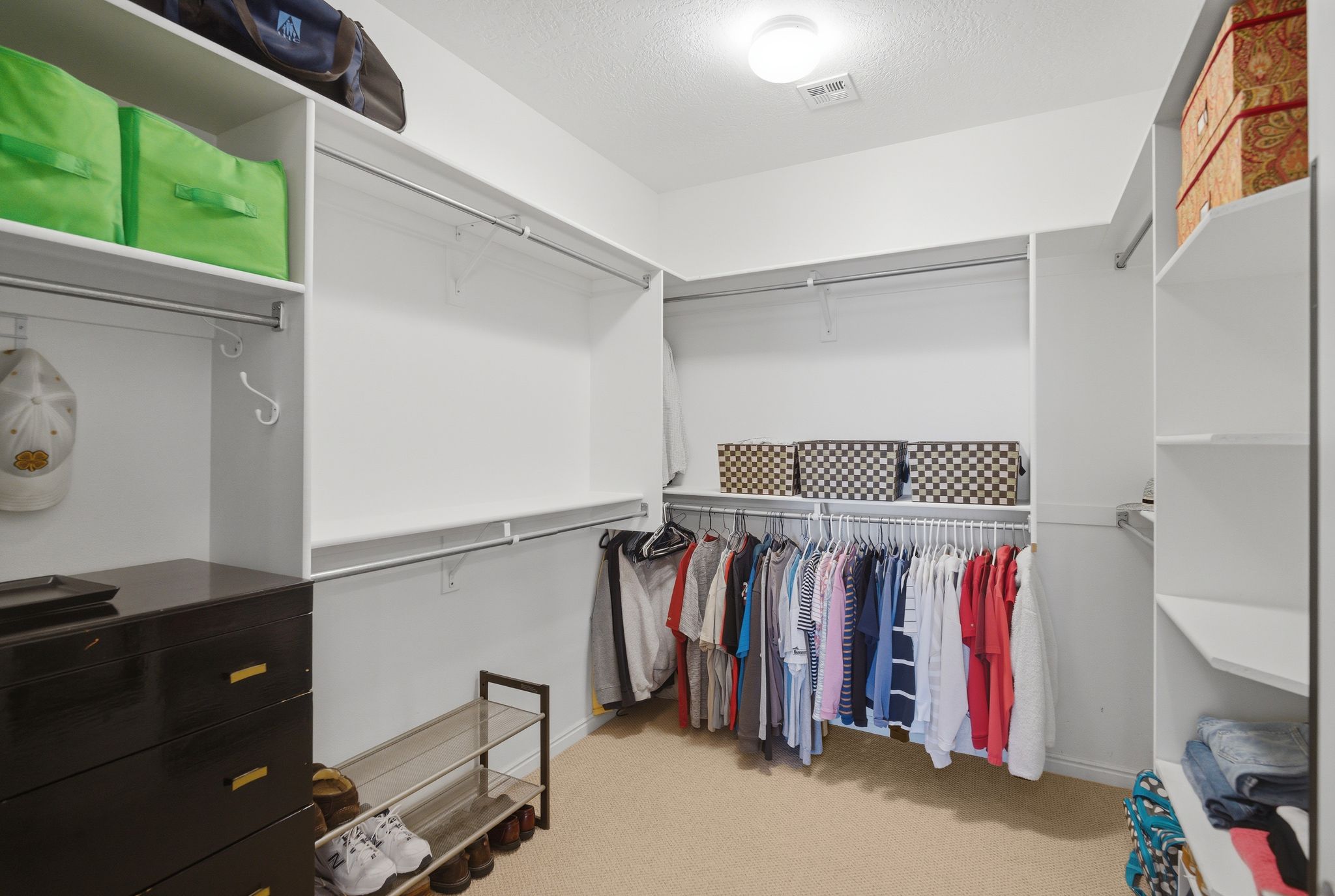 Walk in closet featuring light colored carpet