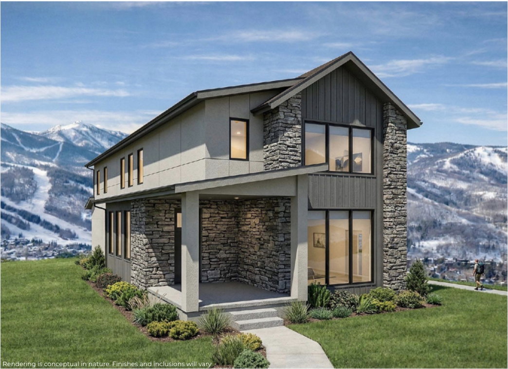 Rear view of house with a mountain view, stone siding, a lawn, and stucco siding