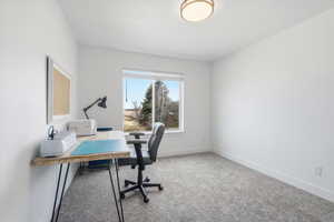 Bedroom with natural lighting and carpet.
