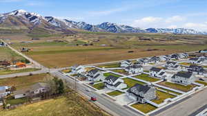 Aerial view of residential area with a mountain backdrop