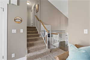 Stairs featuring a high ceiling and wood finished floors
