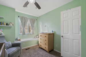 Living area featuring dark carpet and a ceiling fan