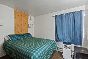 Bedroom featuring carpet and a textured ceiling