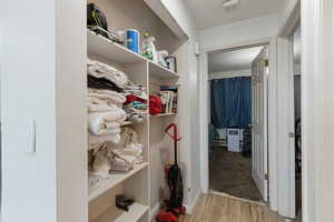 Walk in closet with light wood-style flooring